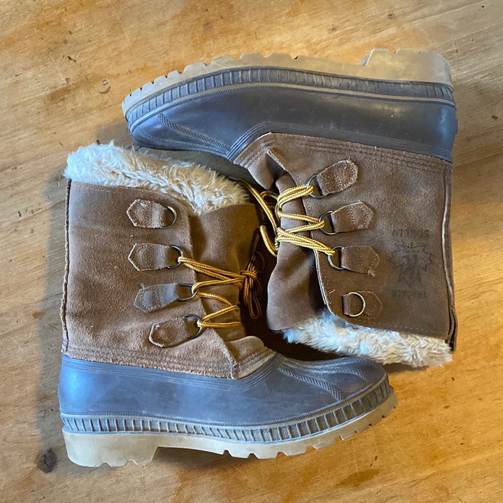 Sorel Brown Suede Winter Lace-Up Boots with Faux Fur Trim